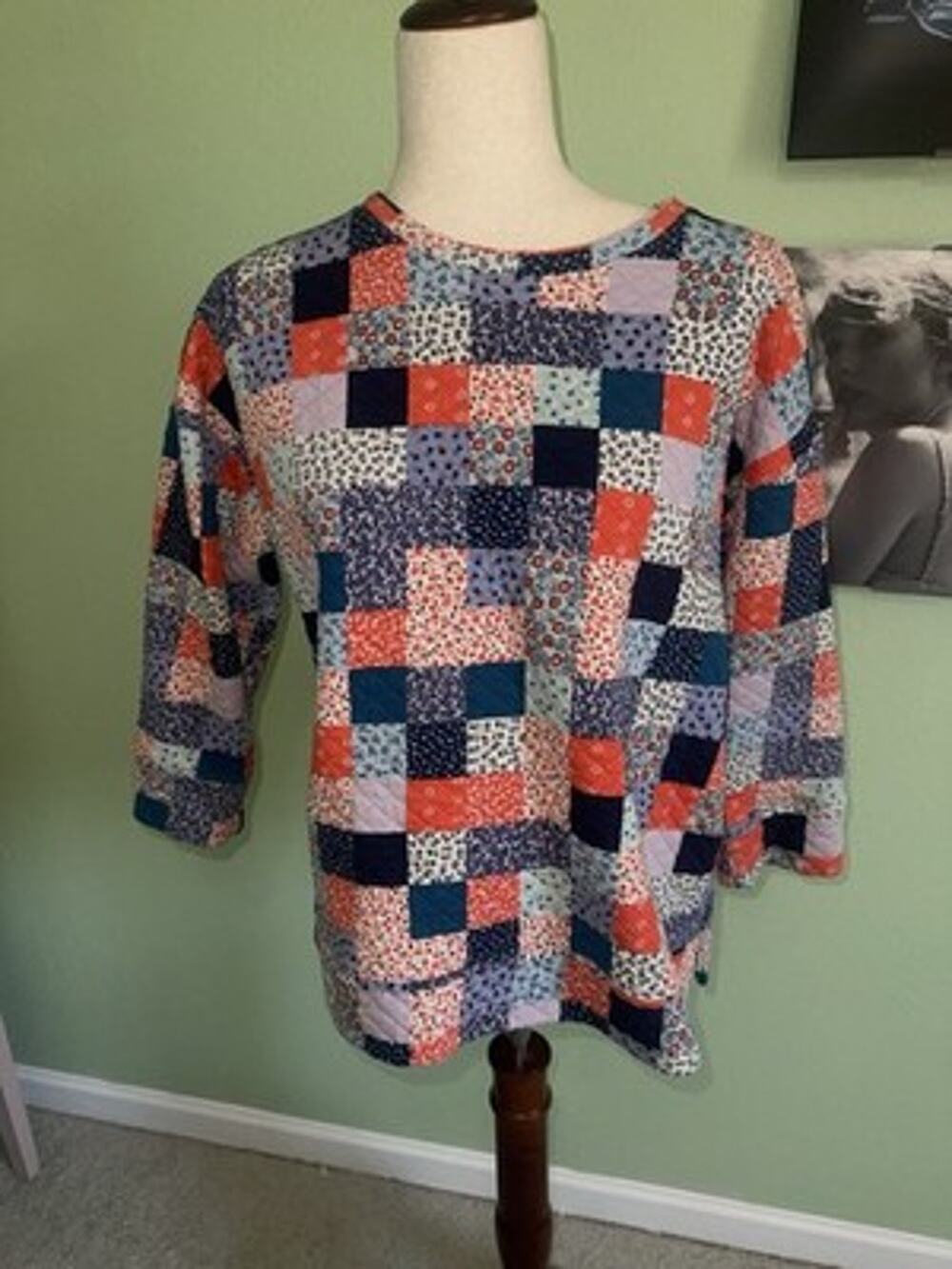 Lands End Quilted Top Medium M Patchwork Floral Pullover 3/4 Sleeve Cottagecore